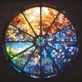 Ethereal Stained Glass Window with Floral and Seasonal Imagery Royalty Free Stock Photo