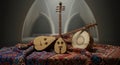 Ornate folk instruments displayed in an arched setting Royalty Free Stock Photo