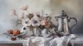 Photorealistic Painting Of Silver Teapots And Flowers