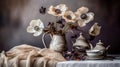 Romantic Dramatic Landscapes: Anemones, Teapot, And Flowers On A Table Royalty Free Stock Photo