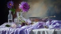 Classic Still-life With Bowl, Vases, And Purple Flowers