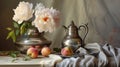 Romantic Still Life: Silver Vase Filled With Flowers And Apples