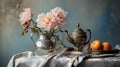 Photorealistic Silver Teapot With Peonies And Pears On Blue Cloth