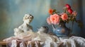 Rococo-inspired Still Life: Statue, Flowers, And Pastel Hues
