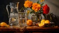 Hyperrealistic Uhd Image Of Water Pitcher With Oranges And Flowers