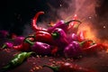 Fiery Hot Peppers surrounded by Smoke on Dark Background, Generative AI