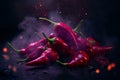 Fiery Hot Peppers surrounded by Smoke on Dark Background, Generative AI