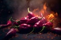 Fiery Hot Peppers surrounded by Smoke on Dark Background, Generative AI