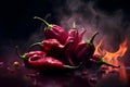 Fiery Hot Peppers surrounded by Smoke on Dark Background, Generative AI