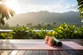 Serene Morning Yoga: Tranquil Lake, Vibrant Plants, and Golden Sunlight