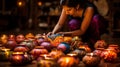 Exquisite Diwali Decor: Hand-painted Lanterns and Delicate Diyas in Traditional Indian Setting
