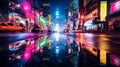 Vibrant Neon Cityscape: Abstract Intersection of Skyscrapers and Billboards at Night