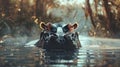 striking closeup of a majestic hippopotamus enjoying the waters of a serene forest lake