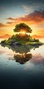 Surrealistic Sunset Reflection: A Captivating Island And Tree With Waterfall