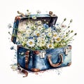 Travel with a Hint of Romance: Luggage and Daisies in Watercolor AI Generated