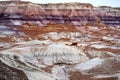 Stunning striped purple sandstone formations of Blue Mesa badlands in Petrified Forest National Park