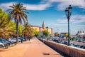 Stunning summer cityscape of Bastia town with Iglesia Catholic church on background.