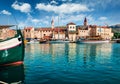 Stunning summer cityscape of Trogir town. Colorful morning seascape of Adriatic sea. Beautiful world of Mediterranean countries. T