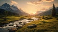 Stunning Wilderness Landscape: Majestic Mountains And Serene River At Sunset