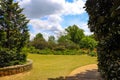 A stunning summer landscape in the garden with with lush green trees, grass and plants and colorful flowers with blue sky Royalty Free Stock Photo