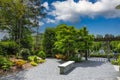 A stunning summer landscape in the garden with lush green trees and plants and colorful flowers with a gorgeous blue sky Royalty Free Stock Photo