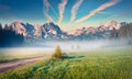 Stunning summer sunrise in Durmitor Nacionalni Park. Exotic foggy view of of Montenegro countryside, Zabljak town location.