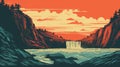 Woodcut Illustration: Sunset Waterfall In Graphic Design Style