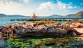 Stunning summer view of Saint Theodore lighthouse Sunny morning landscape of Argostoli Vilagito Torony Nature Preserve. Wonderful