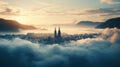 Stunning Sunrise Cityscape: Majestic Mountains, Godrays, And Mist Royalty Free Stock Photo