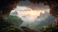 Exotic Fantasy Landscape: Majestic Cave In Enchanting Mountain Scene
