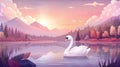 Stunning sunrise on a lake, beautiful white bird swimming at pond with mountains and conifers trees in pink sky under Royalty Free Stock Photo