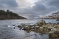 Beautiful Winter landscape image of Llynnau Mymbyr in Snowdonia