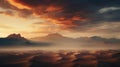 Ethereal Sunset Over Sand Dunes And Mountains