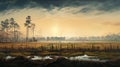 Stunning Sunrise Shot Of Field And Forest: A Life-like Avian Illustration