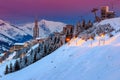 Stunning sunrise and ski resort in the French Alps,Europe Royalty Free Stock Photo