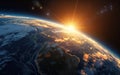 Stunning sunrise view from space showcasing Earth\'s horizon with atmospheric glow