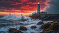 Lighthouse Stands on Rocky Coast as Waves Crash During Colorful Sunset Royalty Free Stock Photo