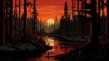 Retroselector 8-bit Boreal Forest Firehouse Image With Red Sunset Royalty Free Stock Photo