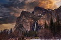 Stunning Sunset Clouds over Bridalveil Falls, Yosemite National Park, California Royalty Free Stock Photo