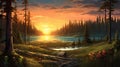 Stunning Sunset Forest Landscape: Captivating 2d Game Art And Coastal Scenery