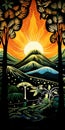 Exotic Flora And Fauna: A Woodcut-inspired Mountain With Sunset