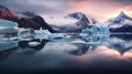 Glacier Reflection: Soft Atmospheric Scene Of Iceberg On Rocky Lake Bank