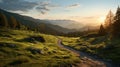Stunning Sunset Landscape: Grassy Path Along The Majestic Mountains