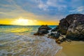 Sunset picture and beautiful beach and rocks at Kua Bay, Big Island, Hawaii Royalty Free Stock Photo