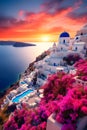 Stunning sunset Mediterranean Sea. Picturesque landscape of Santorini island, Greece