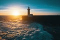 Stunning sunset on the ocean the lighthouse. Nature.