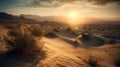 A stunning sunset over a desert landscape with sand dunes and rugged mountains created with Generative AI Royalty Free Stock Photo