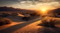 A stunning sunset over a desert landscape with sand dunes and rugged mountains created with Generative AI Royalty Free Stock Photo
