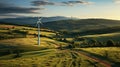 The Stunning Sunset Over Green Fields and Wind Turbines. Innovative Alternative Energy Concept. Generative AI Royalty Free Stock Photo