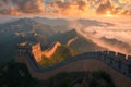 Stunning sunset over the majestic Great Wall of China, AI-generated. Royalty Free Stock Photo